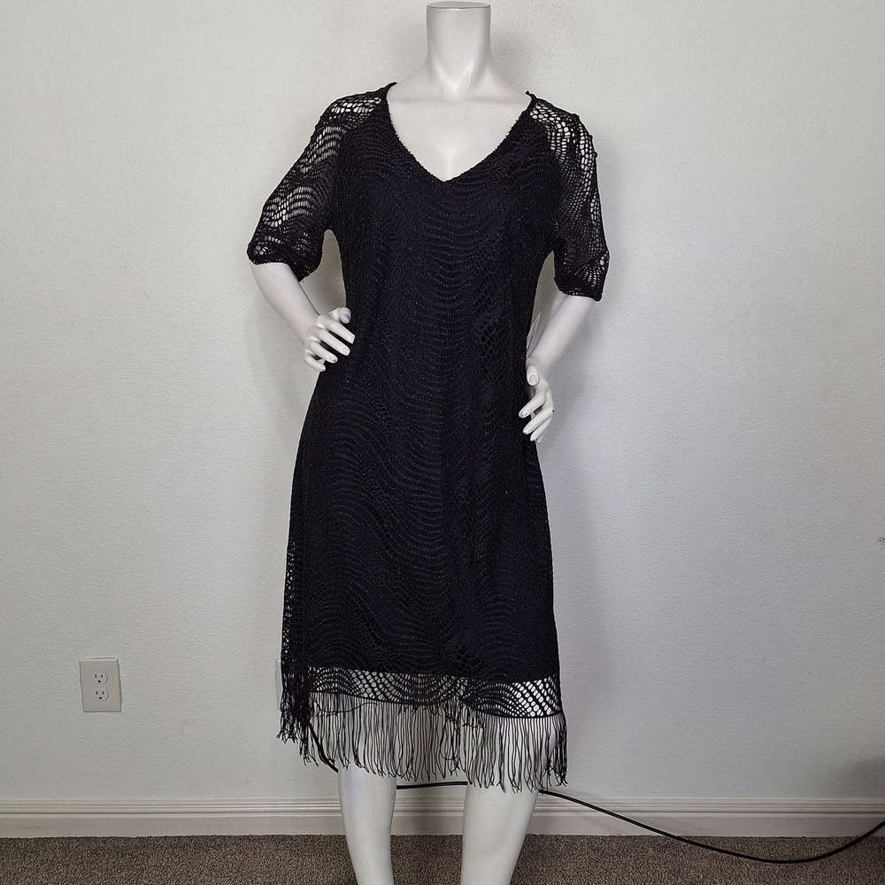 Emma & Michele Black Whimsigoth Fairy Fringe Crochet Knit Midi Dress Size L